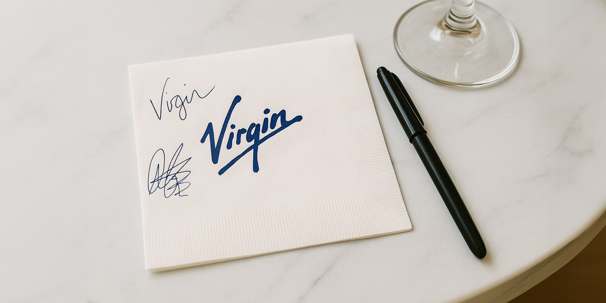 Virgin airlines logo idee op servetje geschets.