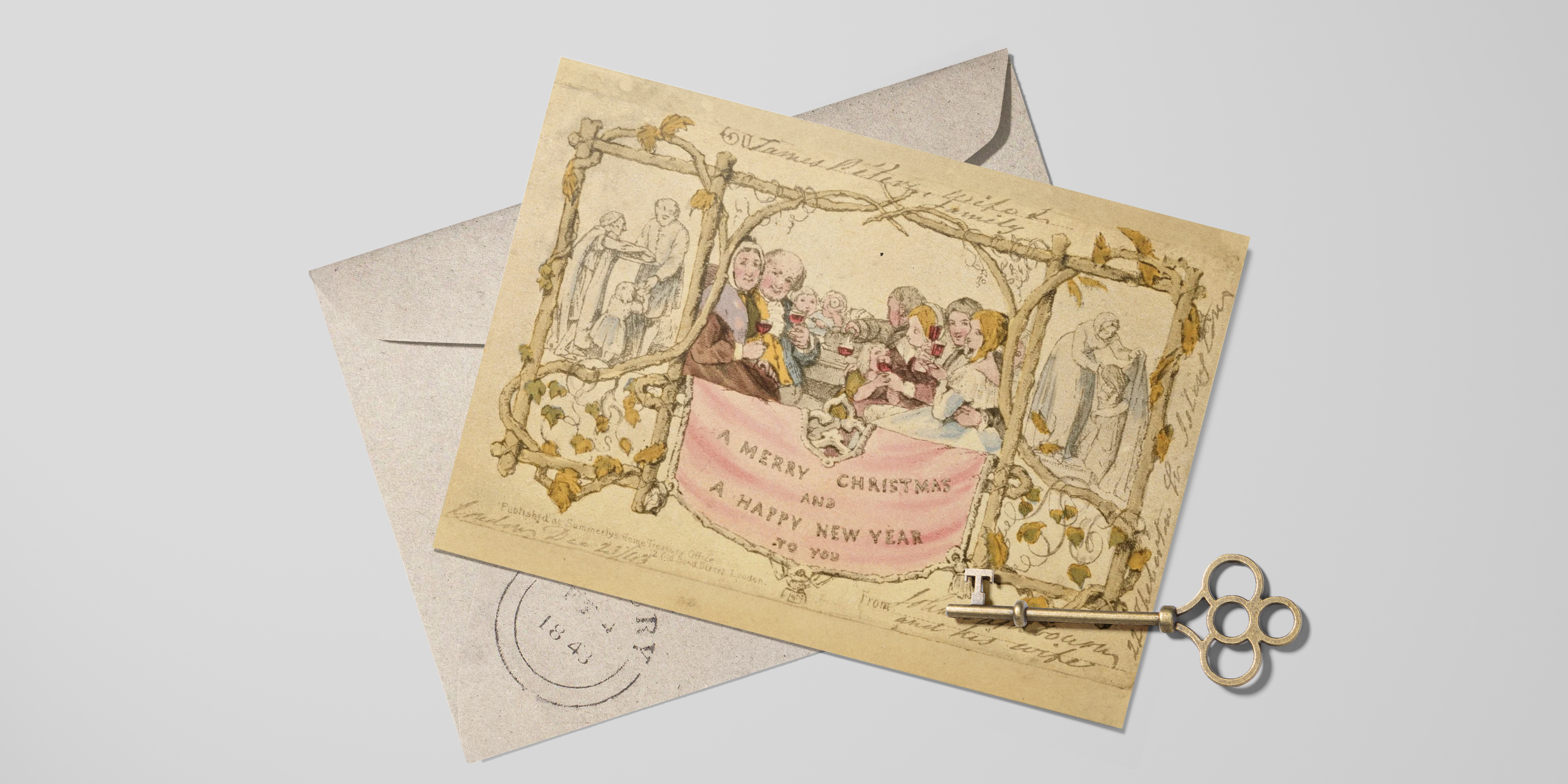 Vintage kerstkaarten uit de 19e eeuw met klassieke illustraties en winterse taferelen